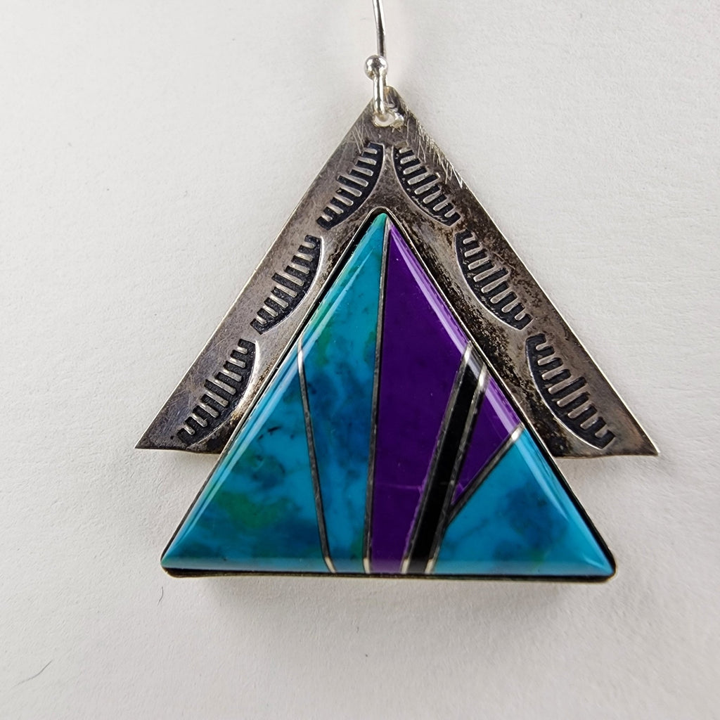 Sunwest Turquoise Inlay Stamped Earrings Sterling Silver 925 Vintage Dangle