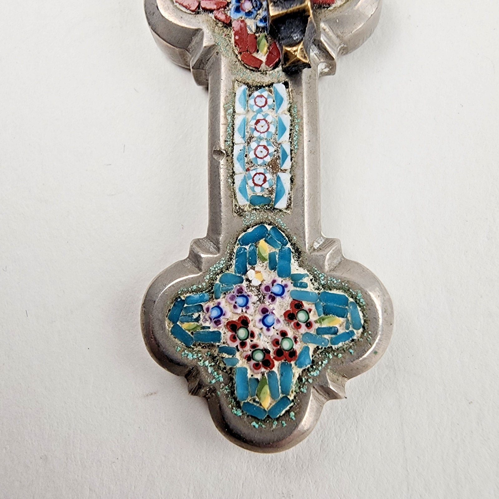 3 1/2" Antique Glass Micro Mosaic Inlay Cross Italy 19 Century