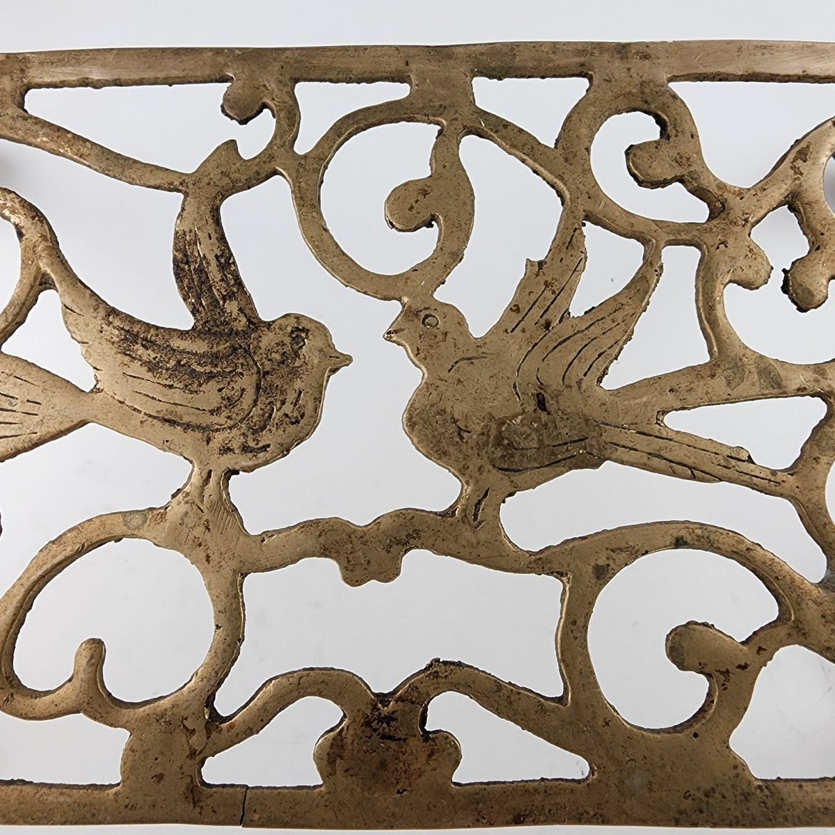 Antique Footed Brass Trivet Kettle Rest with Bird Decoration