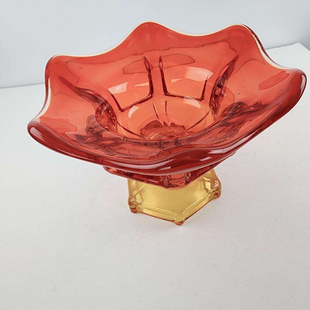 Viking Glass Epic Six Petal Amberina Flame Pedestal Bowl UV Vaseline Glass
