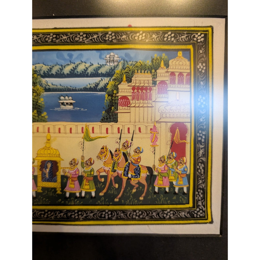Miniature Indian Royal Procession Painting on Silk - Framed and Ready to Hang!
