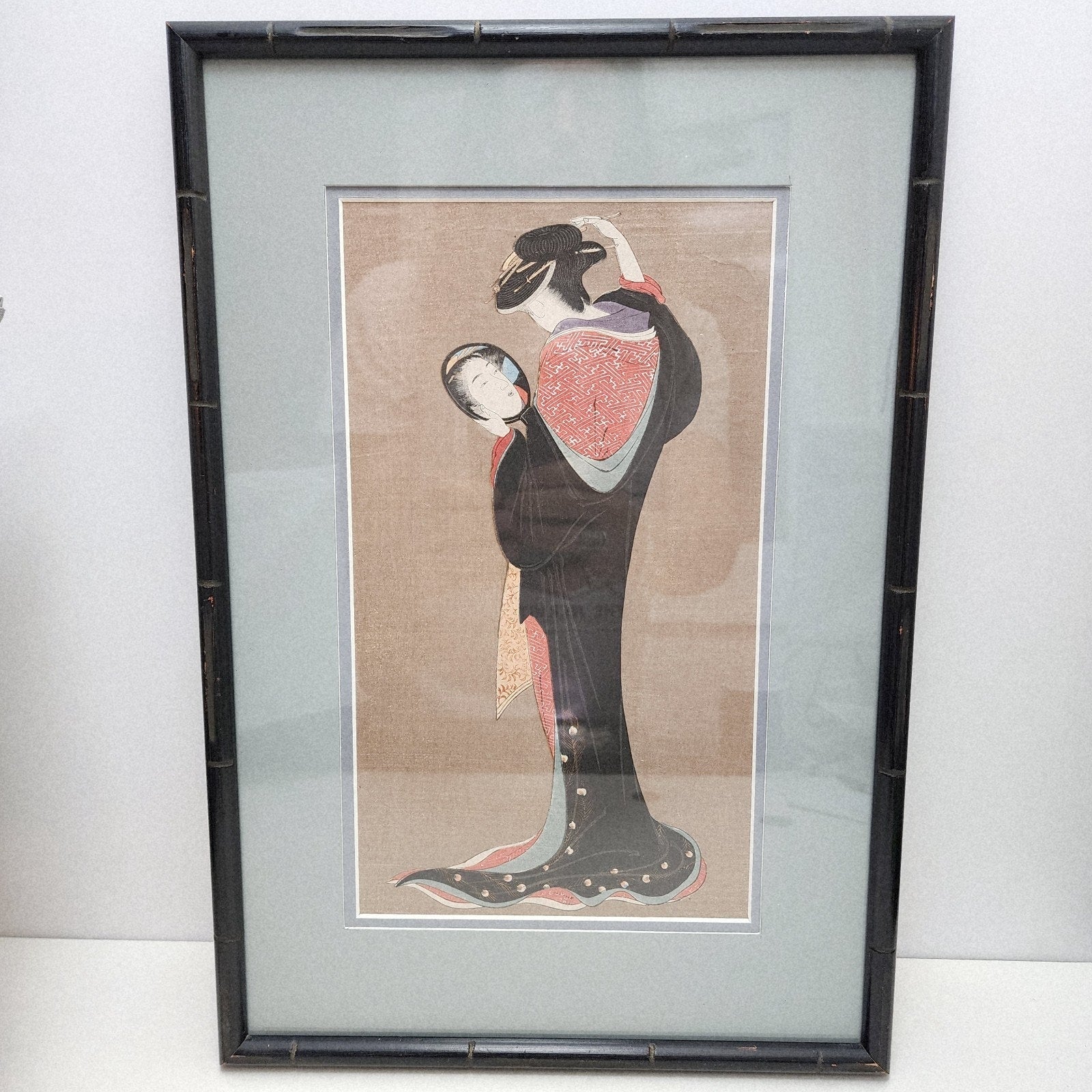 Kitagawa Utamaro Japanese Woodblick Print Girl Admiring Reflection 19c Recut
