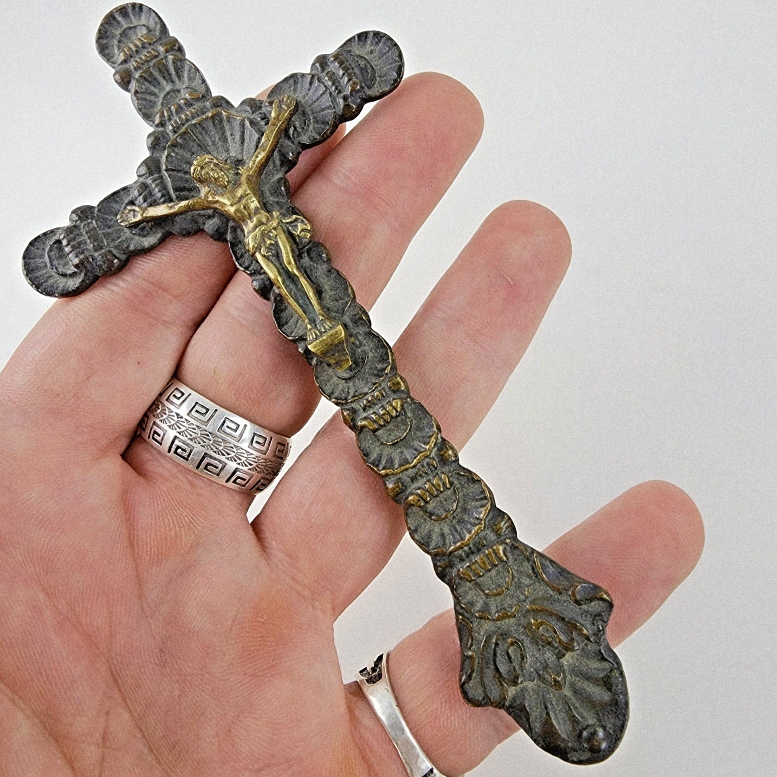 18/19th C Spanish Colonial Bronze Crucifix Antique Brass Cross 5"