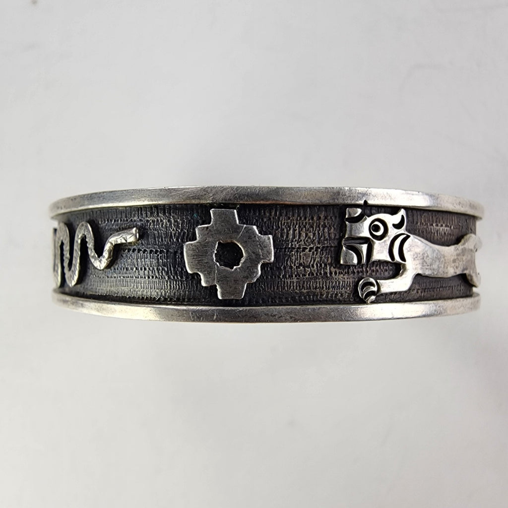 6 1/2" Peru Cuff Bracelet Pre Columbian Symbols Snake Jaguar Sterling Silver 950