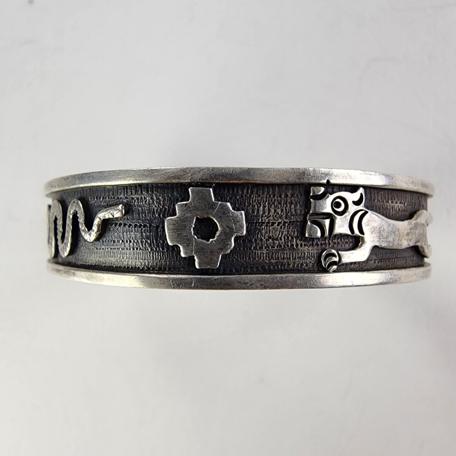 6 1/2" Peru Cuff Bracelet Pre Columbian Symbols Snake Jaguar Sterling Silver 950