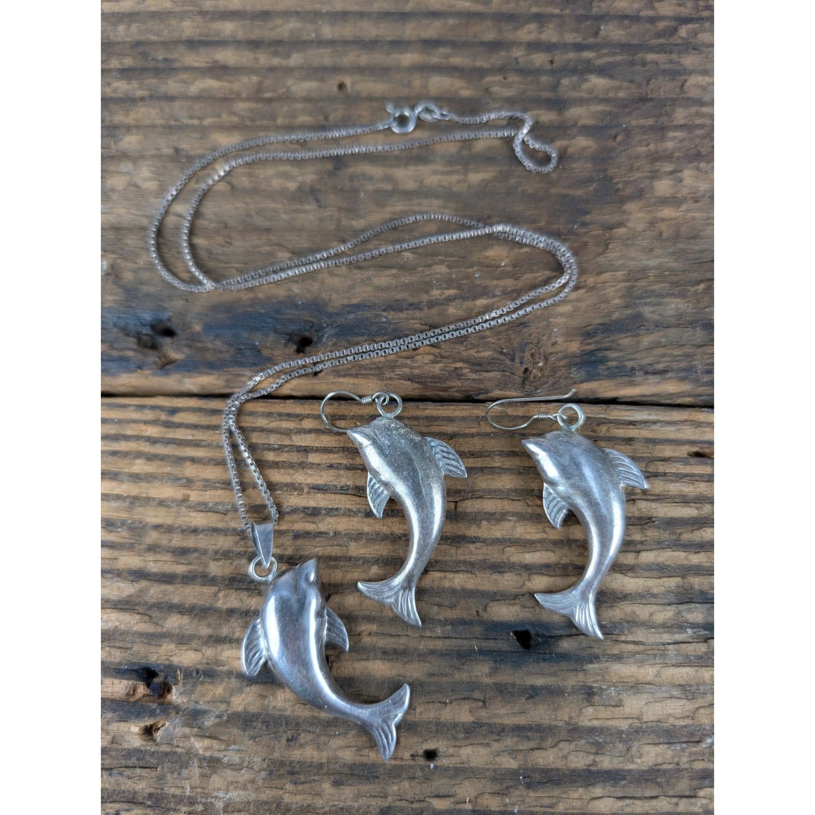 Vintage Dolphin Sterling Silver 925 Necklace and Earrings Set