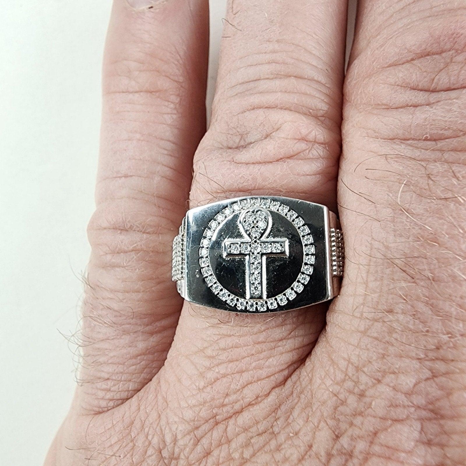 Moissanite Ankh Mens Ring Size 11 Sterling Silver 925 New