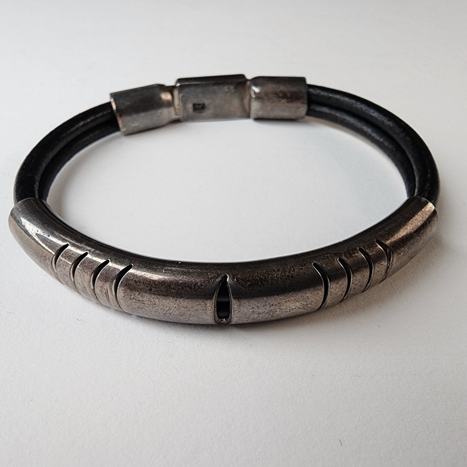 Sterling Silver 925 & Leather Taxco Mexico Cable Bracelet 7 1/4" Vintage