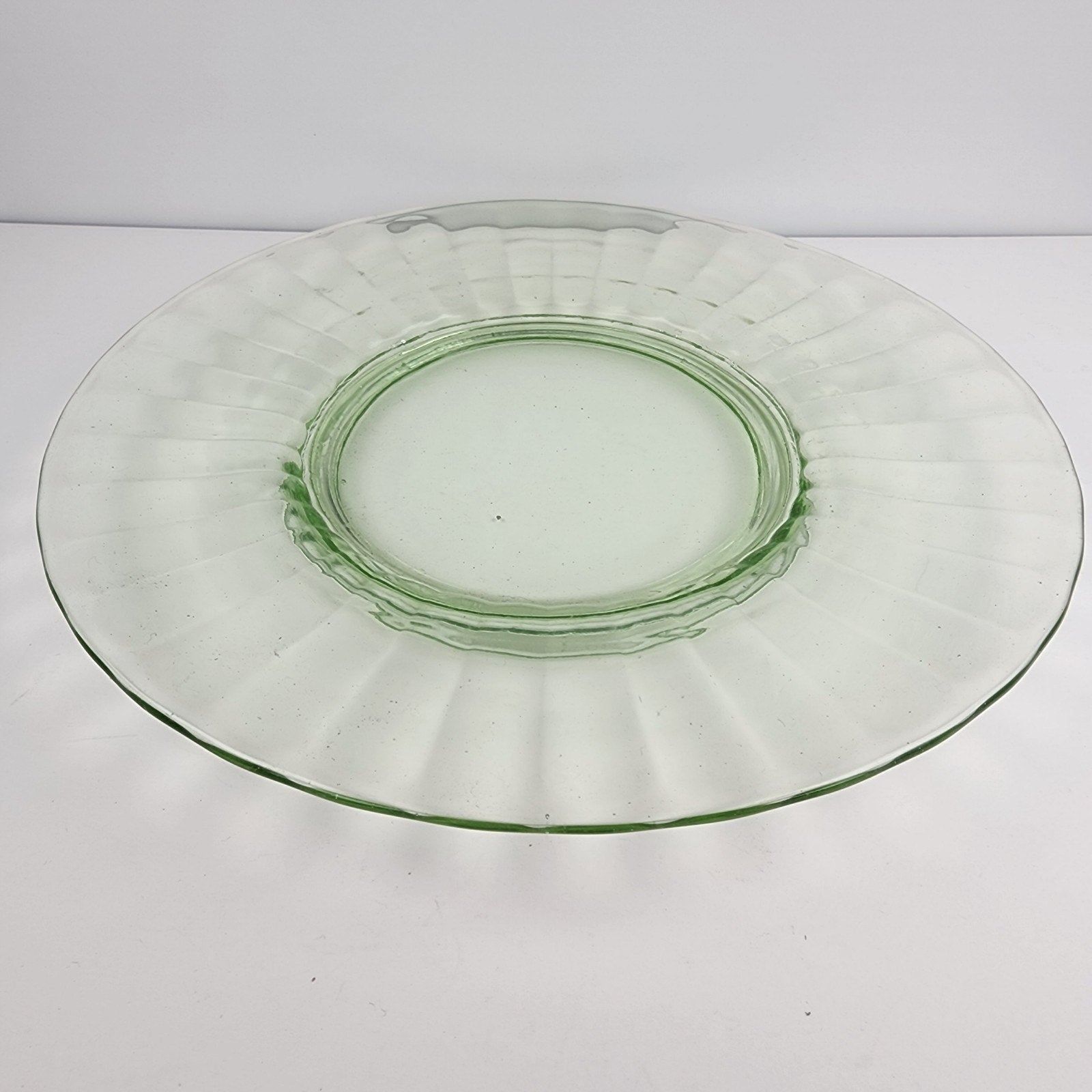 8" Green Depression Glass Scalloped Pattern Plates with Faint UV Glow Set of 2