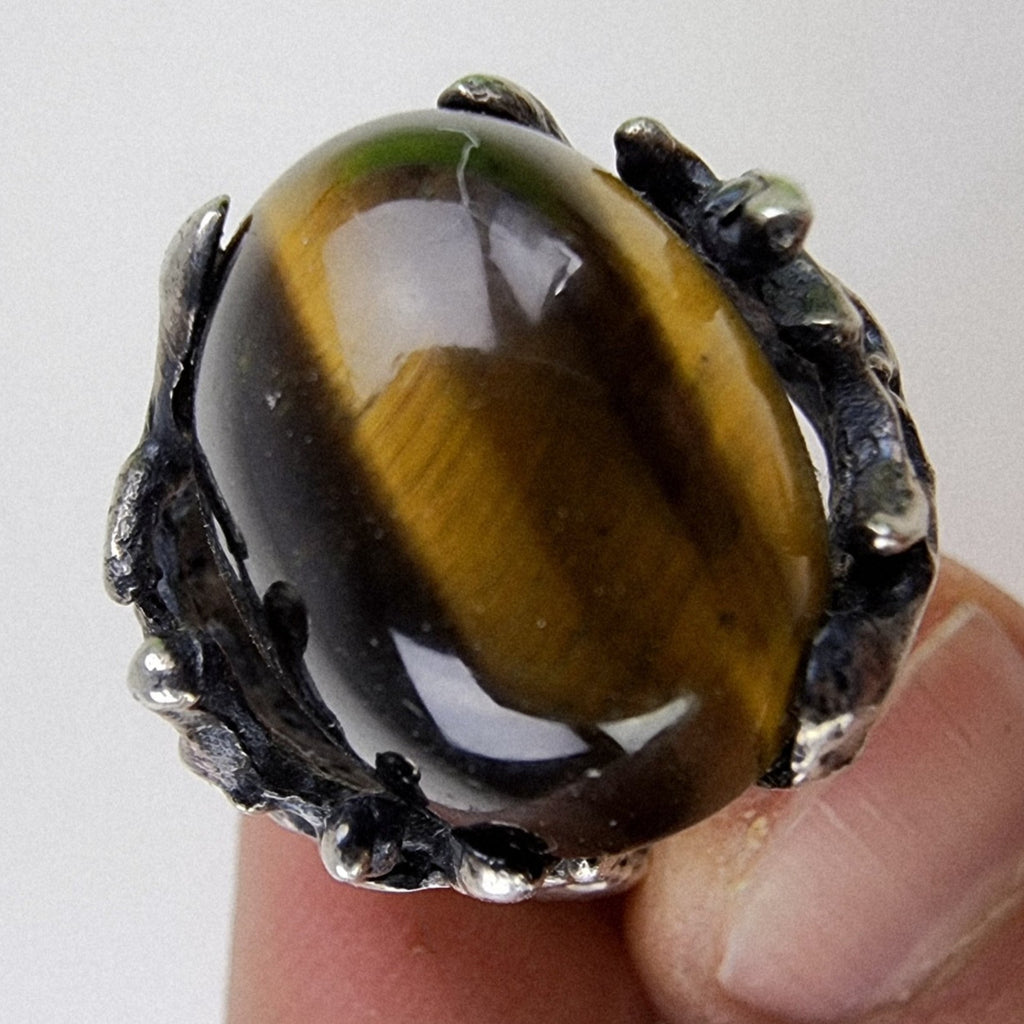 Brutalist Tigers Eye Cabochon Taxco Ring Size 8 by Mateo Sterling Silver 950 925