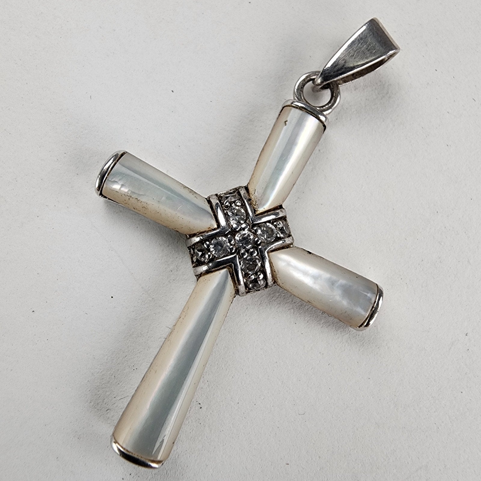 Mother of Pearl & Marcasite Cross Pendant Sterling Silver 925 Vintage