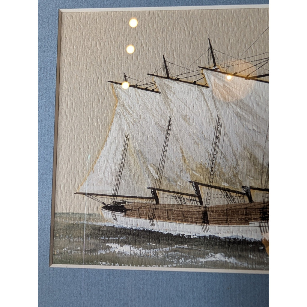 ERNEST TOWLER Sailing Ship Gouache Watercolor Painting - Beautifully Framed