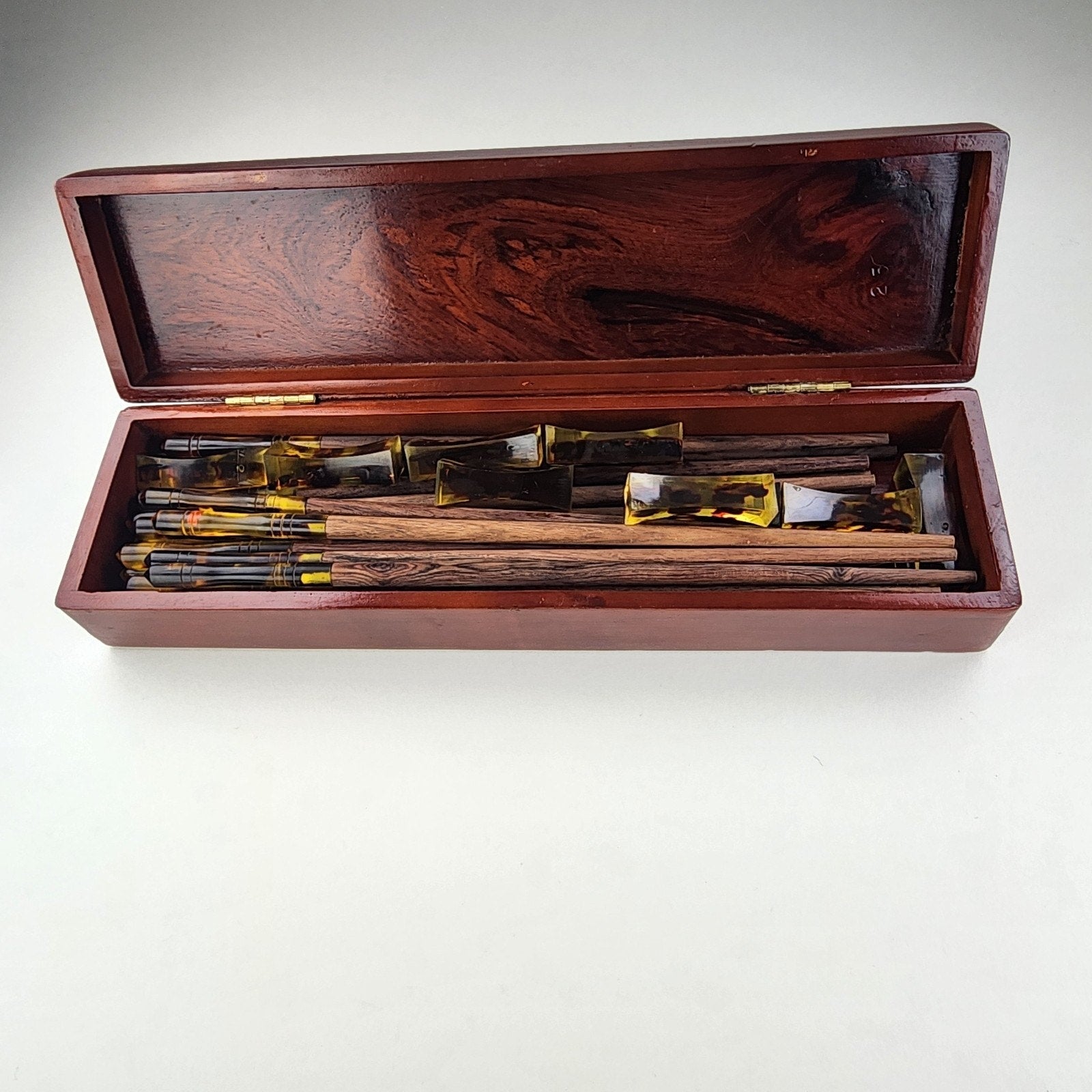 Chinese Chopstick Set of 10 in Mother of Pearl Inlay Lacquer Box with Rests
