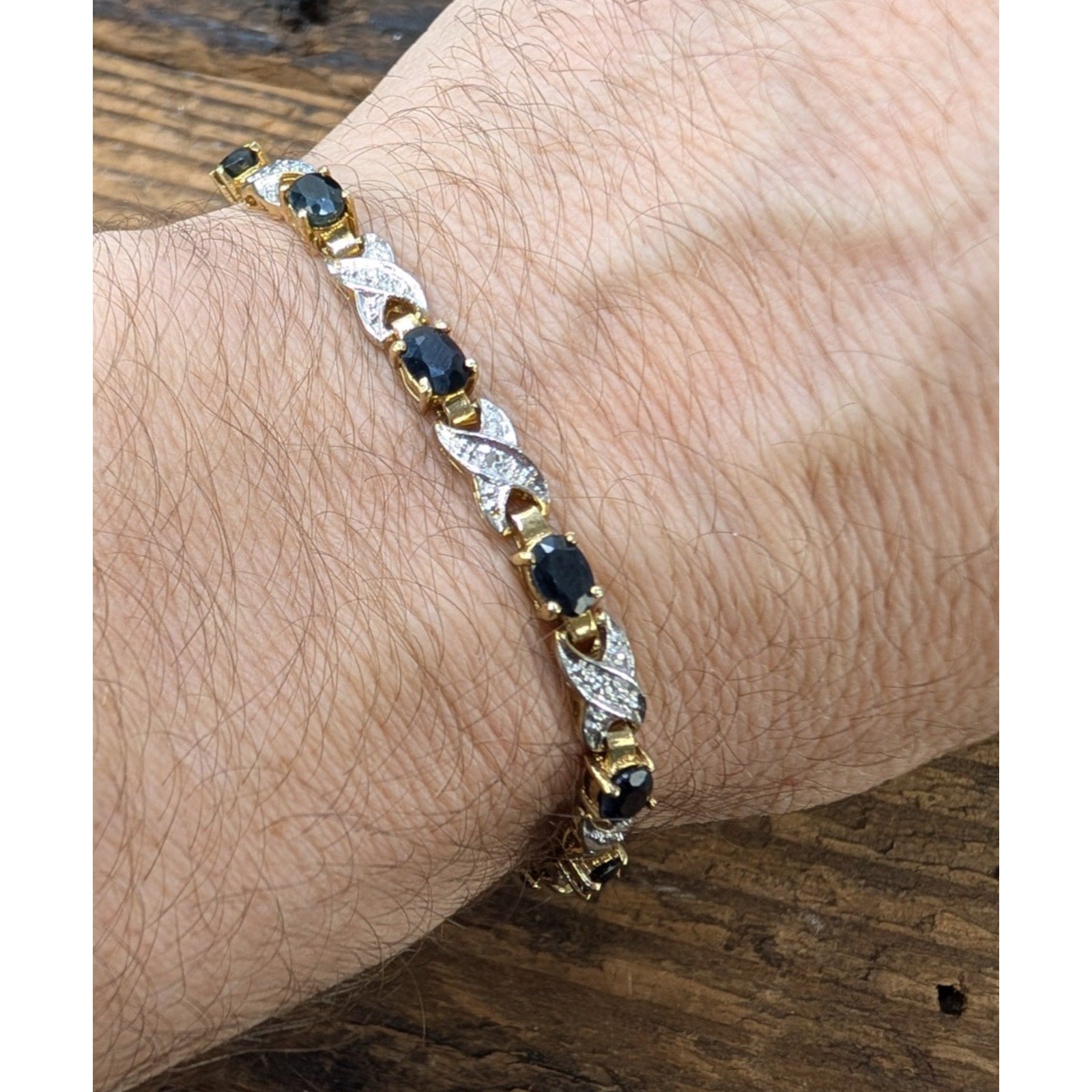 Sapphire & Diamond Gold Over Sterling Silver 925 Tennis Bracelet 7 1/4"