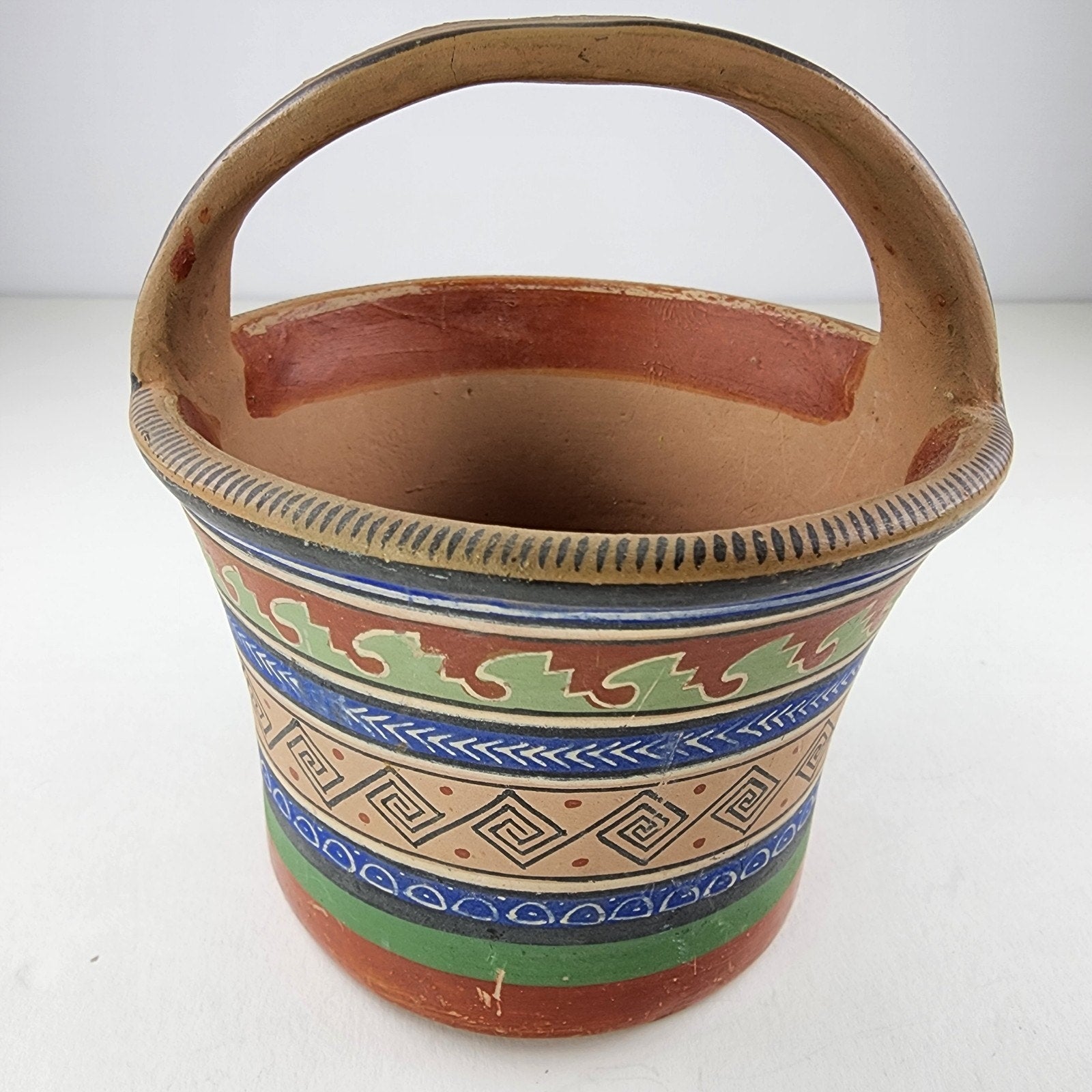 1930's Ladislao Ortega Polychrome Handled Basket Clay Painted Mexican Pottery