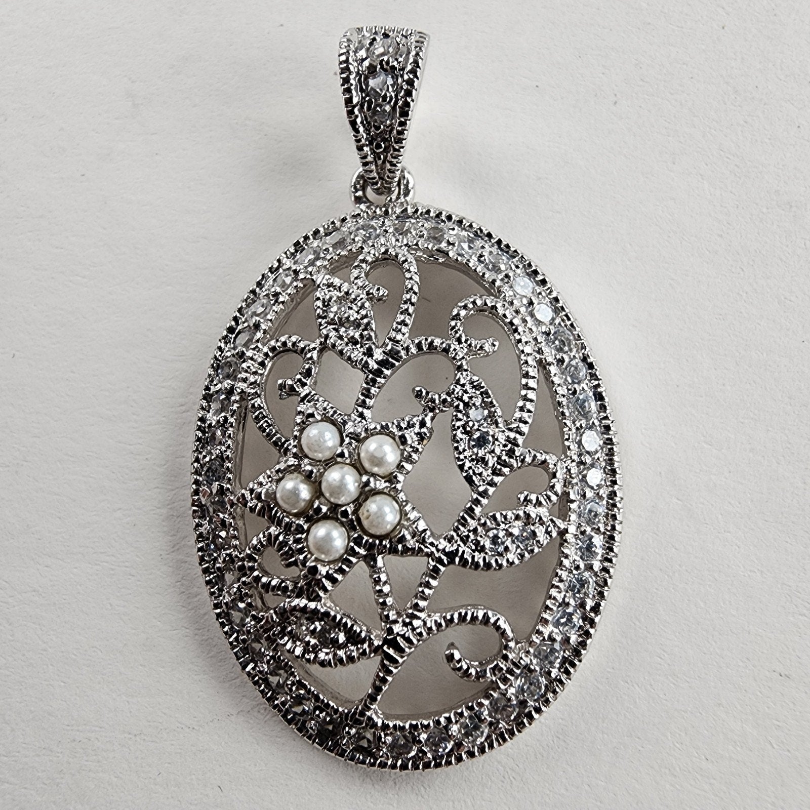 Diamond & Seed Pearl Pendant Sterling Silver 925 Vintage