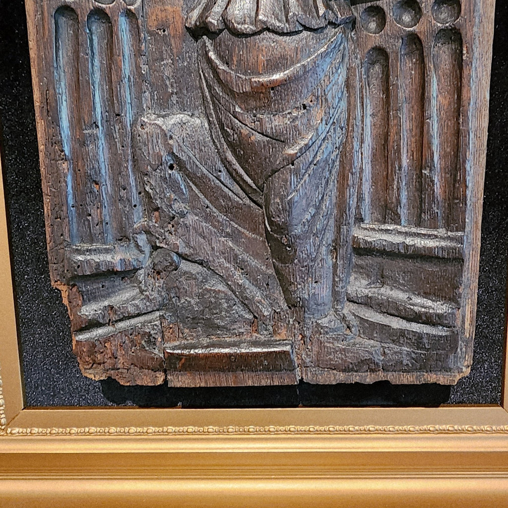 16th C Saint Barbara w Tower Wood Panel France Framed Renaissance Hand Carved