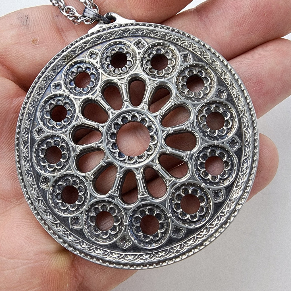 18" Rose Window Pendant Necklace Chartres Cathedral Kirk Pewter 1975