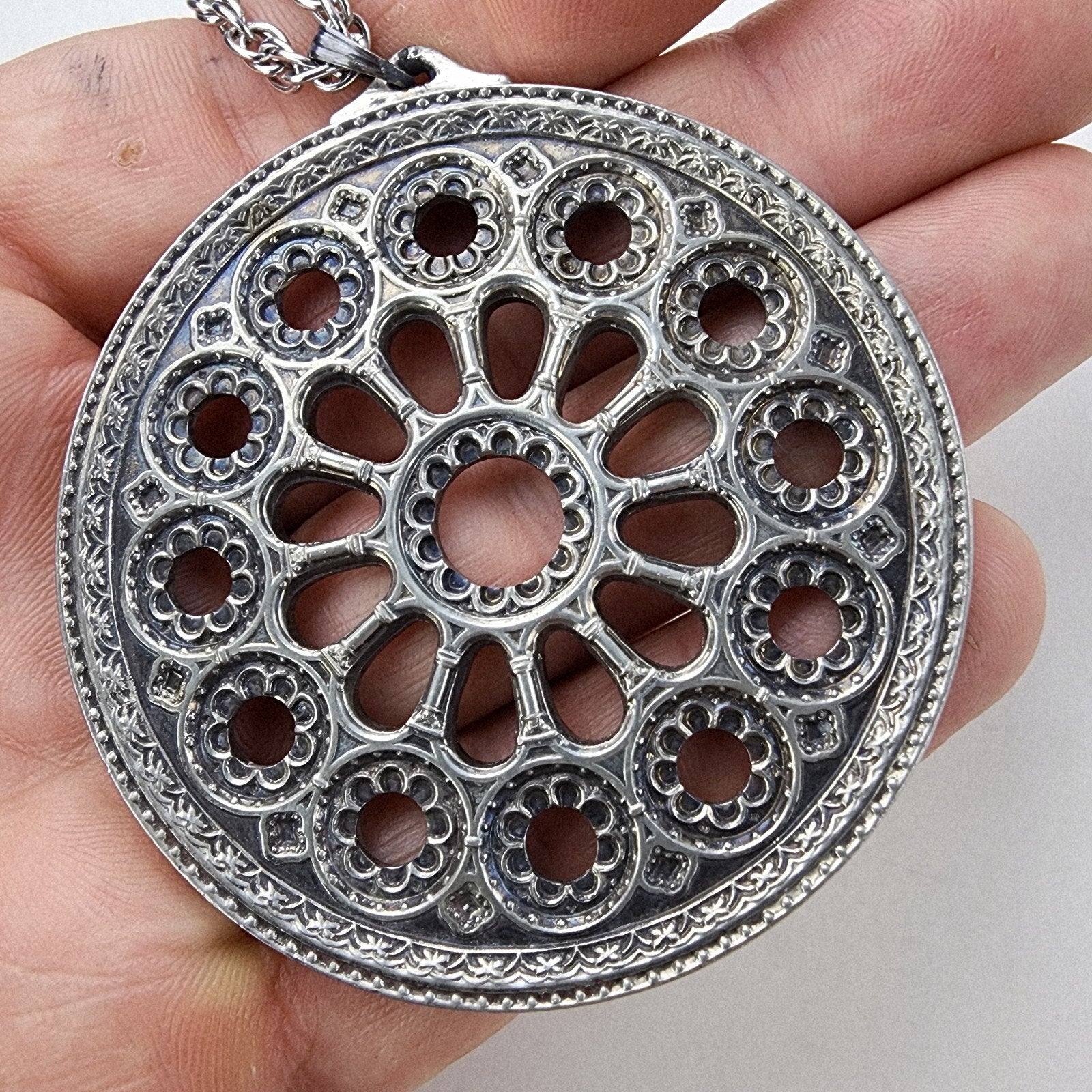 18" Rose Window Pendant Necklace Chartres Cathedral Kirk Pewter 1975