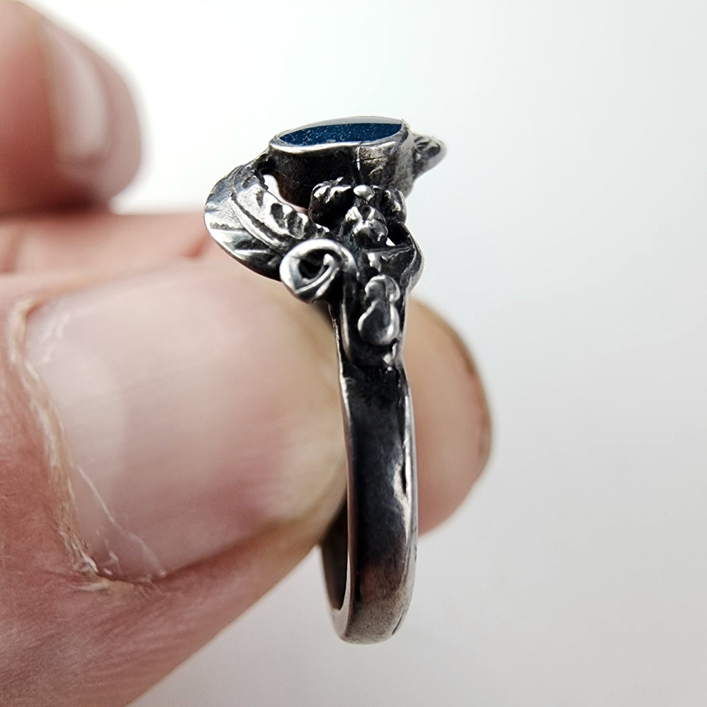 Blue Sparkle Enamel Leaf Ring Size 8 Sterling Silver 925 Vintage