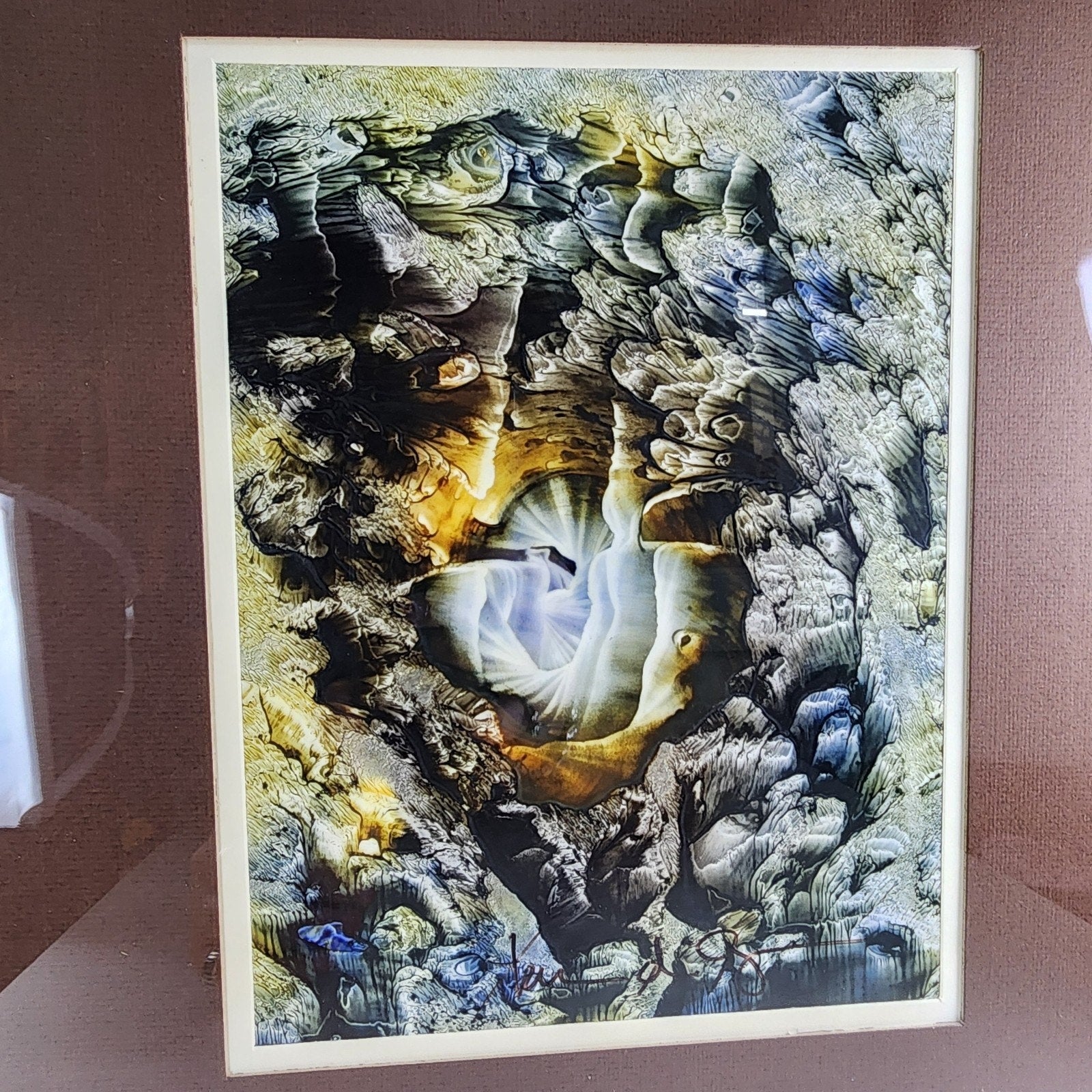 1974 Yvon D'Anjou Decalcomania Tempera Original Painting Surrealist Art MCM