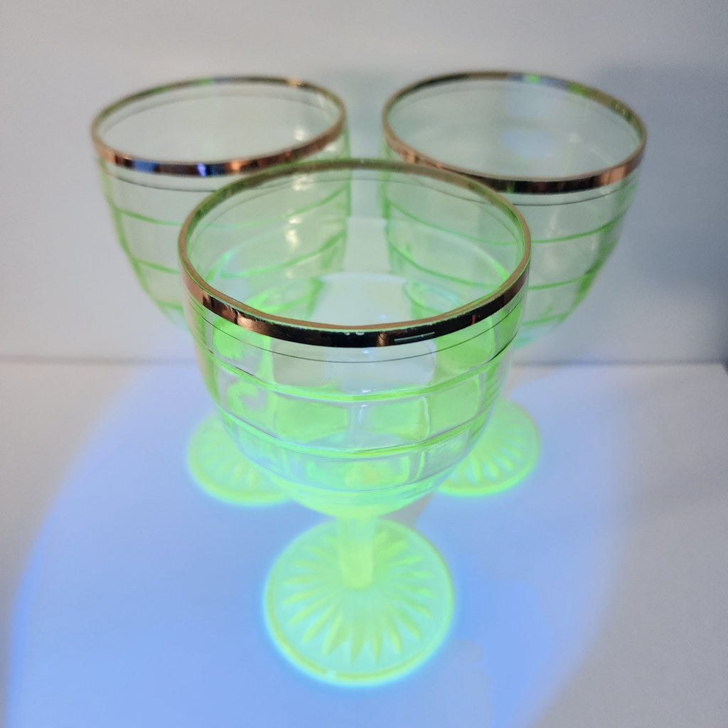 Anchor Hocking Block Optic Pattern 6" Gold Rimmed UV Uranium Wine Glass Set of 3