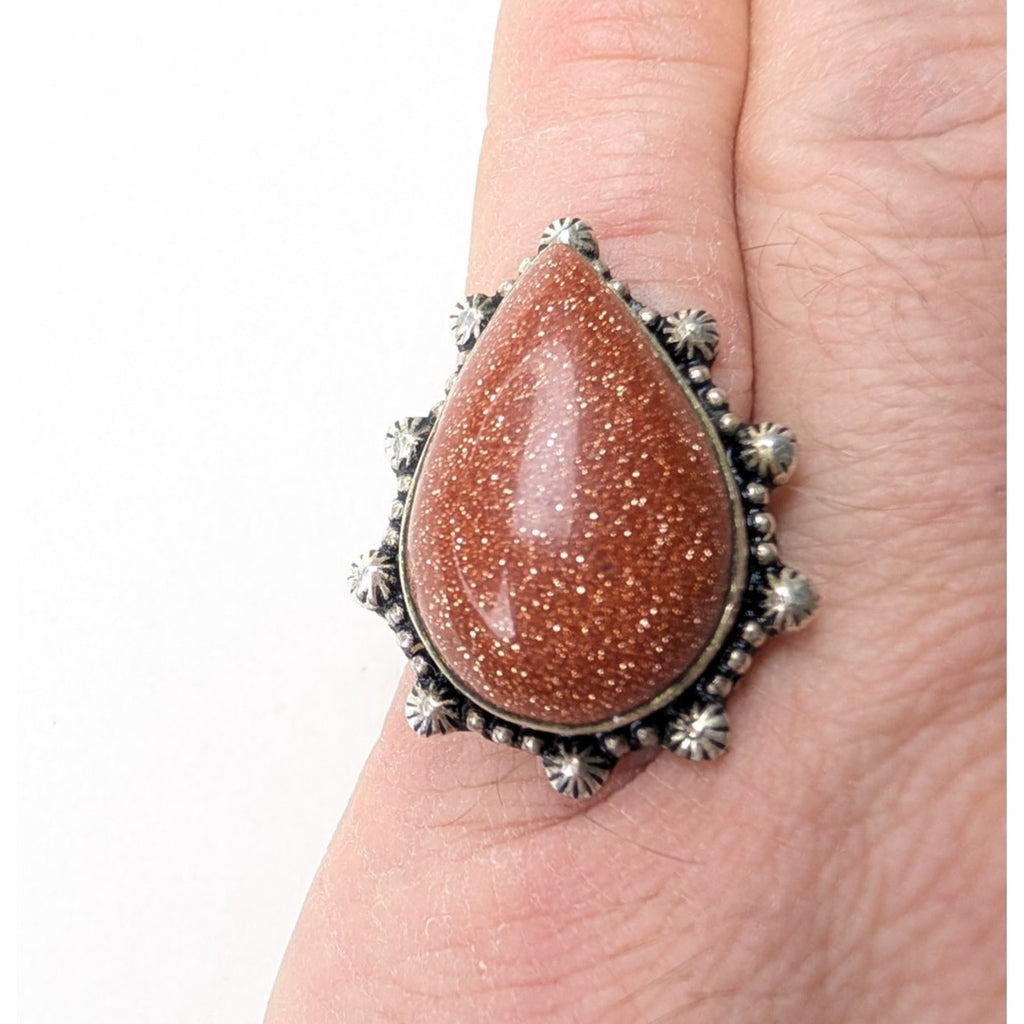 Southwestern Orange Sunstone Sterling Silver 925 Beaded Ring Size 9