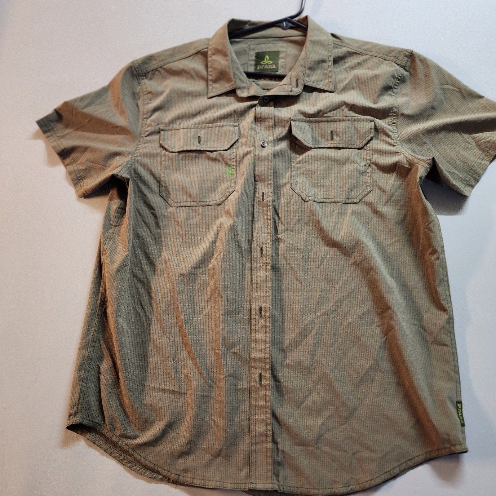 Prana Olive Cayman Large Short Sleeve Button Down Shirt Outdoor Active Wear