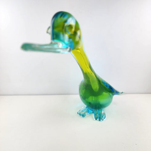 14" Murano Art Glass Duck Handmade Green Yellow Blue Bird Animal