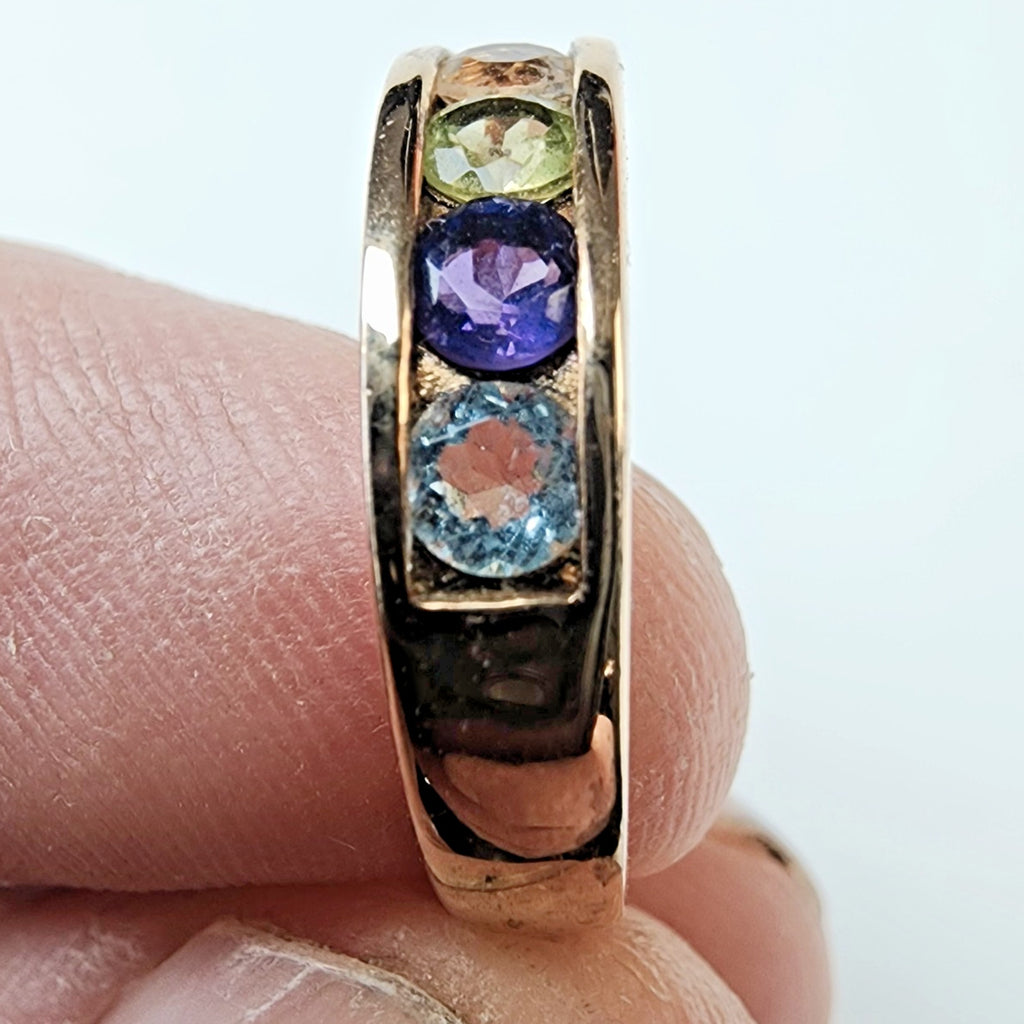 Channel Set Rainbow Gemstone Gold Finish Band Ring Size 7 Sterling Silver 925