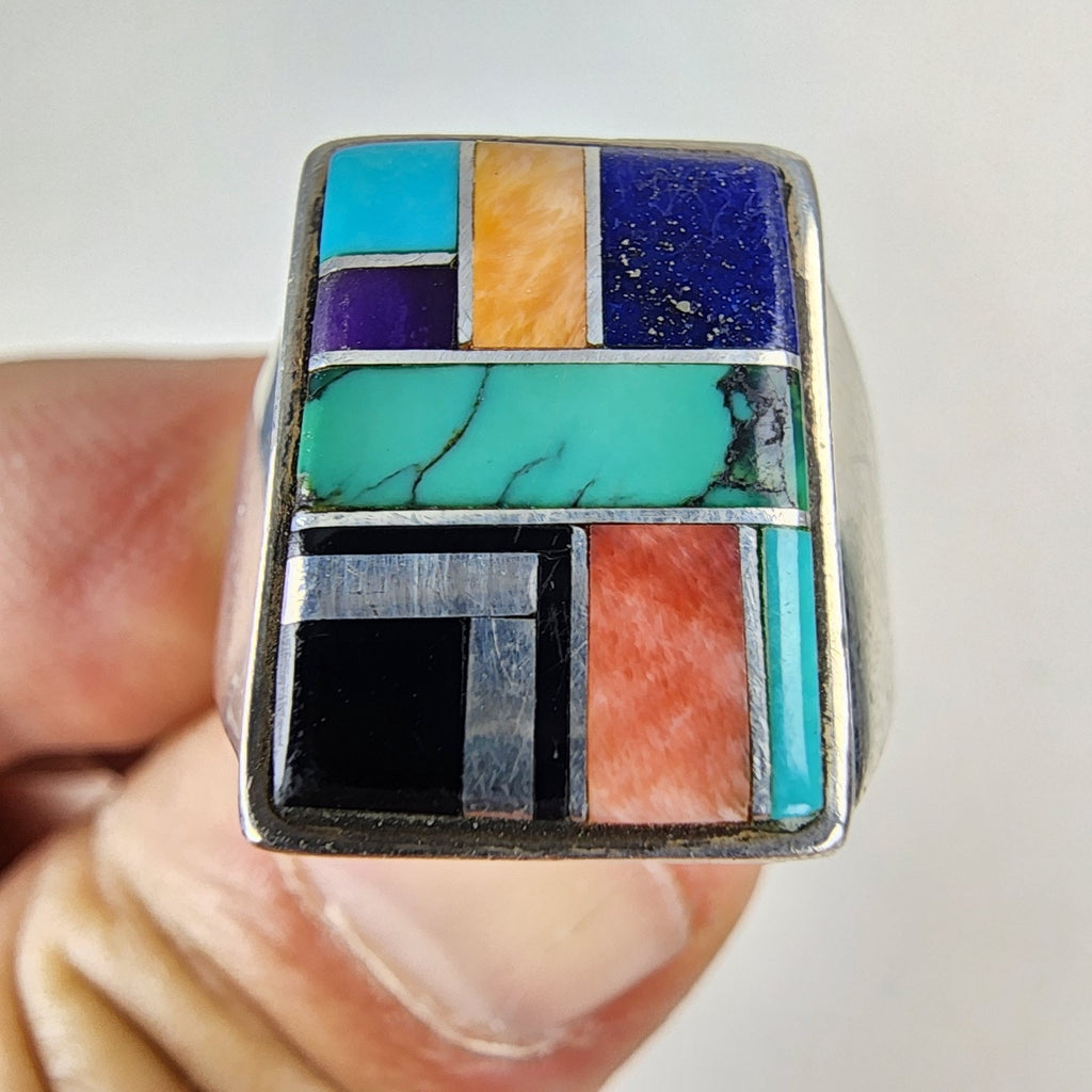 Touch of Santa Fe Inlay Ring Size 9 1/2 Turquoise Onyx Lapis Sterling Silver 925
