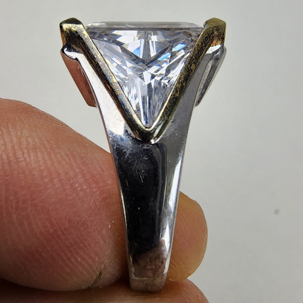 Bold Emerald & Trillion Cut Cocktail Ring Size 9 1/2 Sterling Silver 925 Vintage