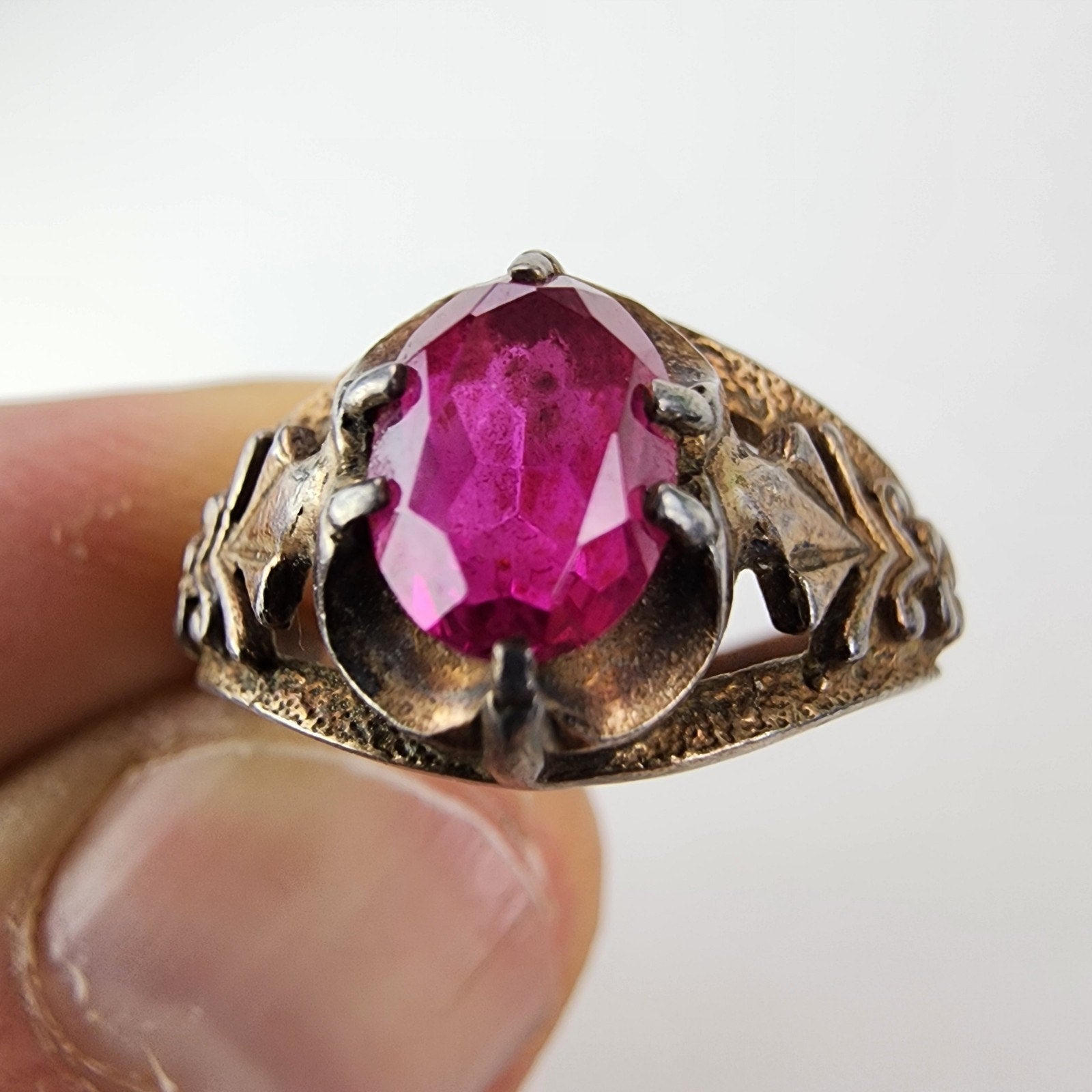 Pink Sapphire Russian Ring Size 9 1/2 Sterling Silver 875 Vintage Gold Finish