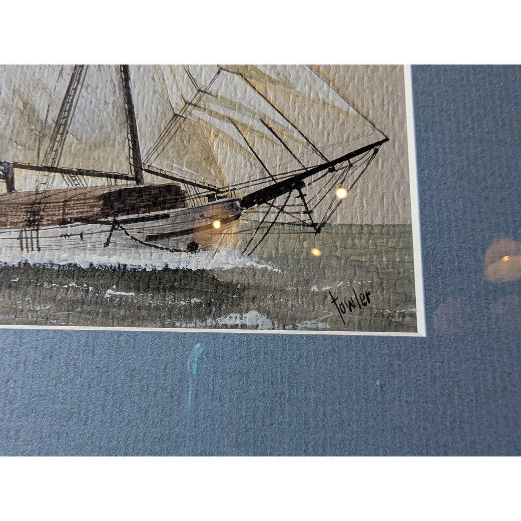 ERNEST TOWLER Sailing Ship Gouache Watercolor Painting - Beautifully Framed