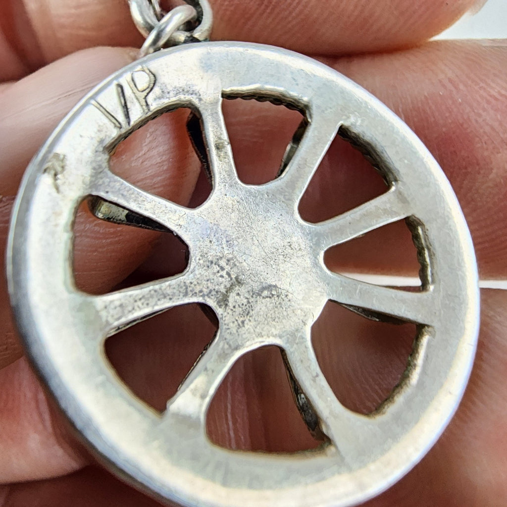 Old Pawn Turquoise Wagon Wheel Pendant Necklace Sterling Silver 925 Signed VP