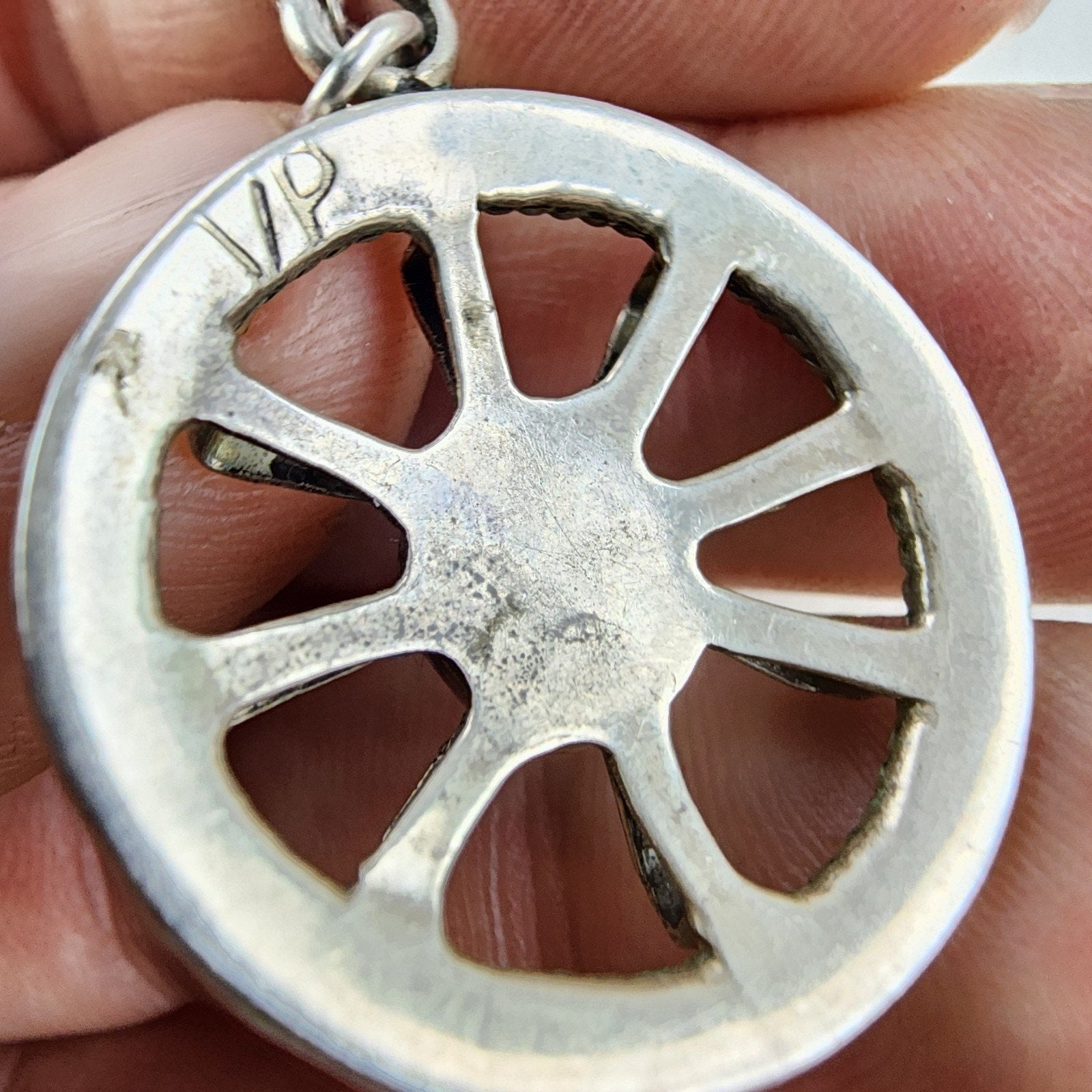 Old Pawn Turquoise Wagon Wheel Pendant Necklace Sterling Silver 925 Signed VP