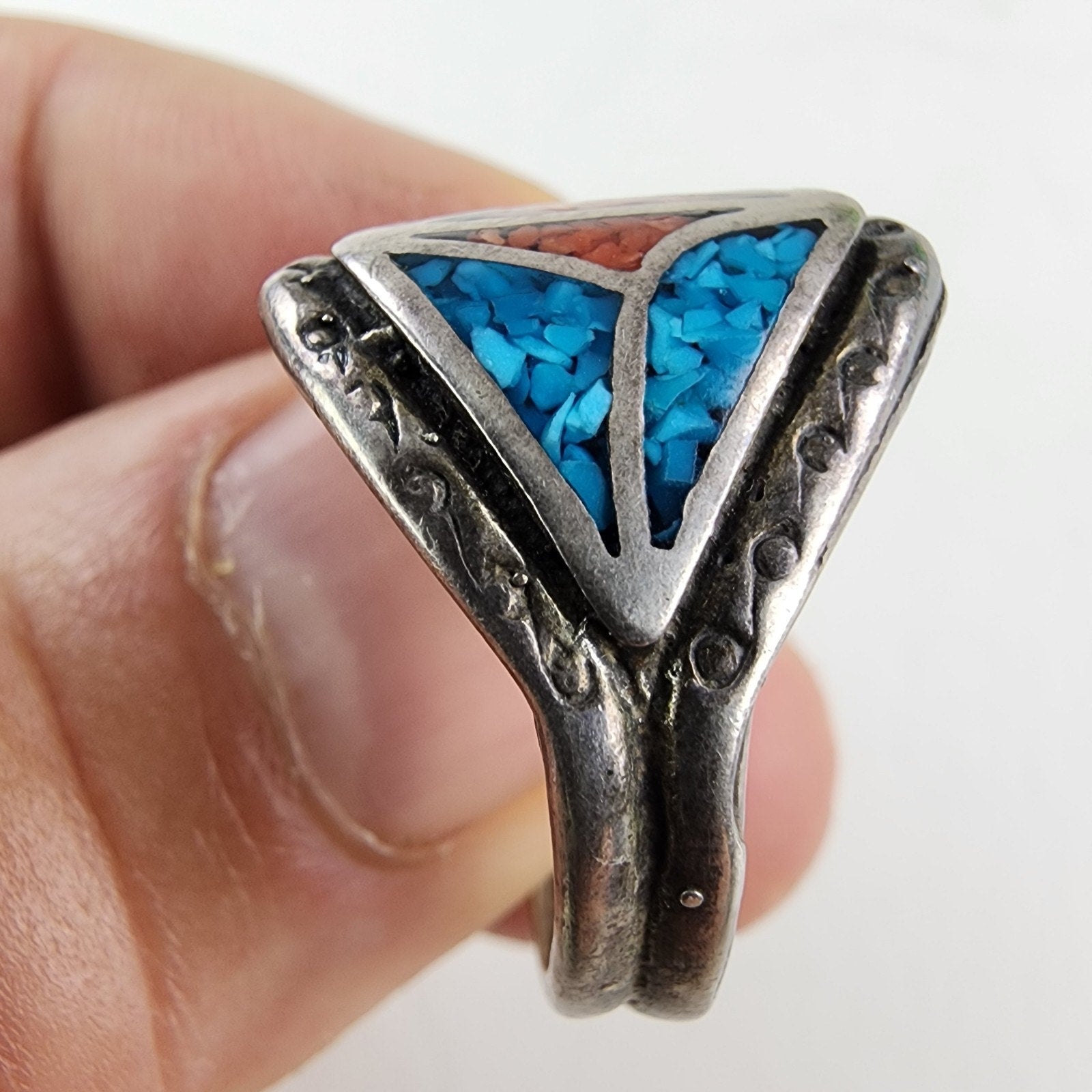 Coral & Turquoise Stamped Native Ring Size 11 1/4 Sterling Silver 925 Vintage