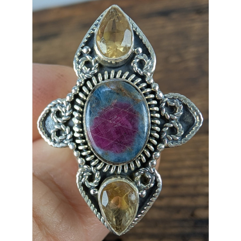 New RUBY ZOISITE & CITRINE Sterling Silver 925 Ring Size 8