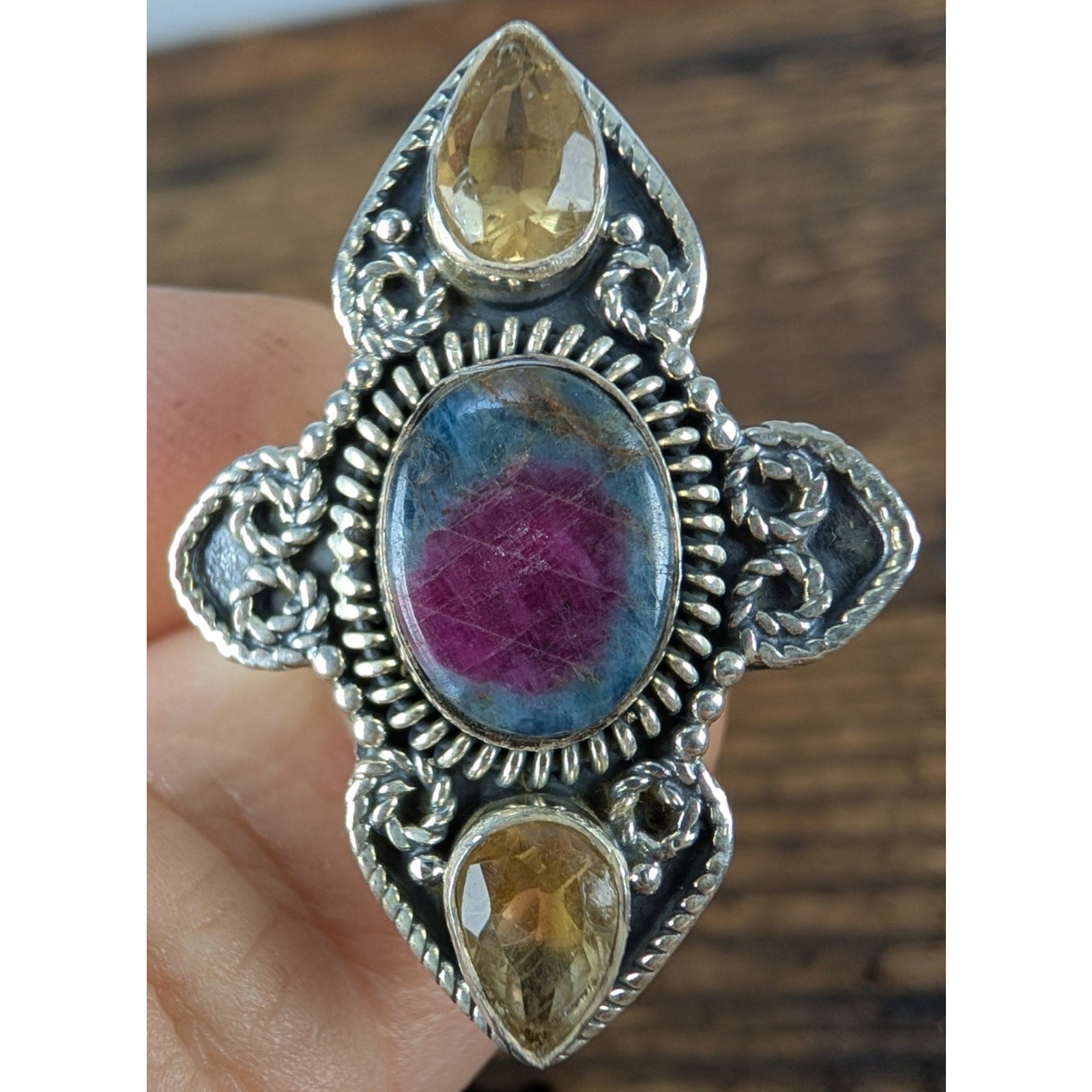 New RUBY ZOISITE & CITRINE Sterling Silver 925 Ring Size 8