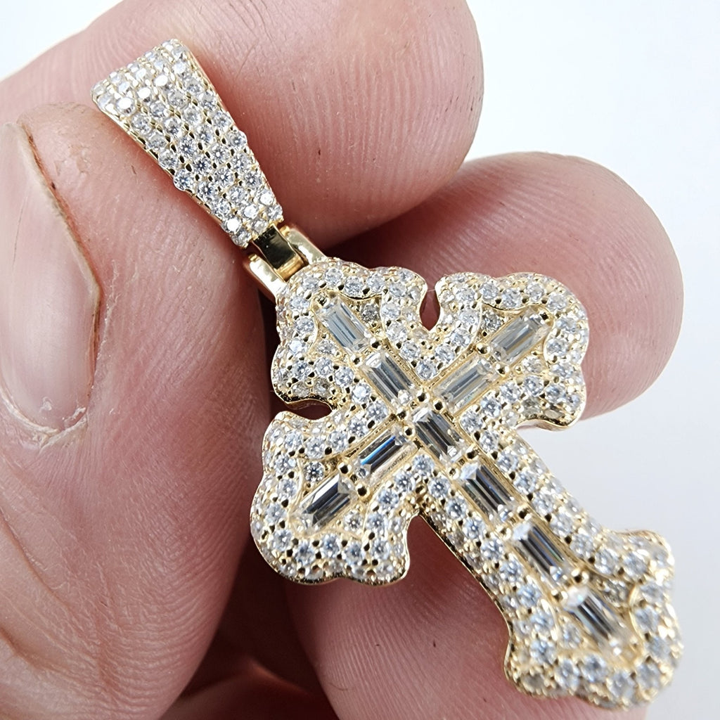 Baguette Moissanite 18K Yellow Gold & Sterling Silver 925 Cross Pendant Iced Out