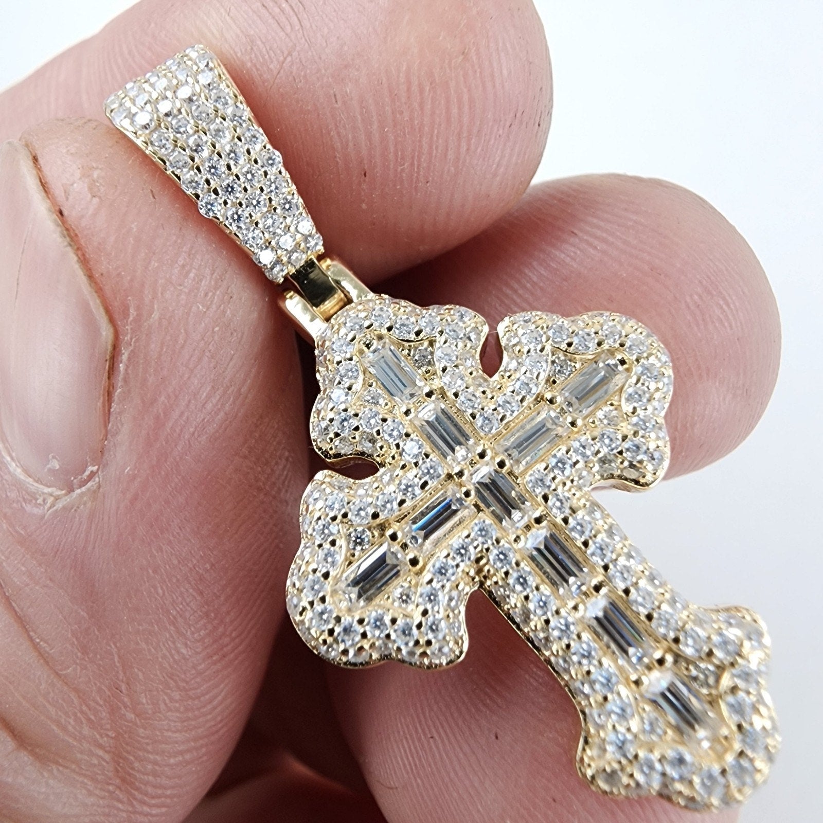 Baguette Moissanite 18K Yellow Gold & Sterling Silver 925 Cross Pendant Iced Out
