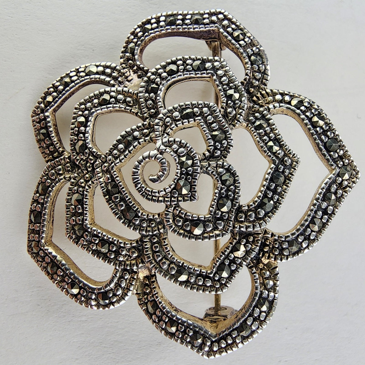 Sterling Silver 925 Marcasite Rose Flower Brooch Vintage Floral Pin