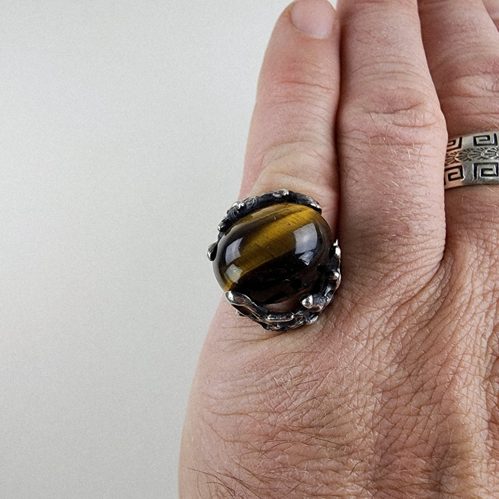Brutalist Tigers Eye Cabochon Taxco Ring Size 8 by Mateo Sterling Silver 950 925