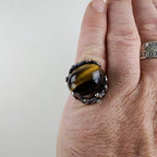 Brutalist Tigers Eye Cabochon Taxco Ring Size 8 by Mateo Sterling Silver 950 925
