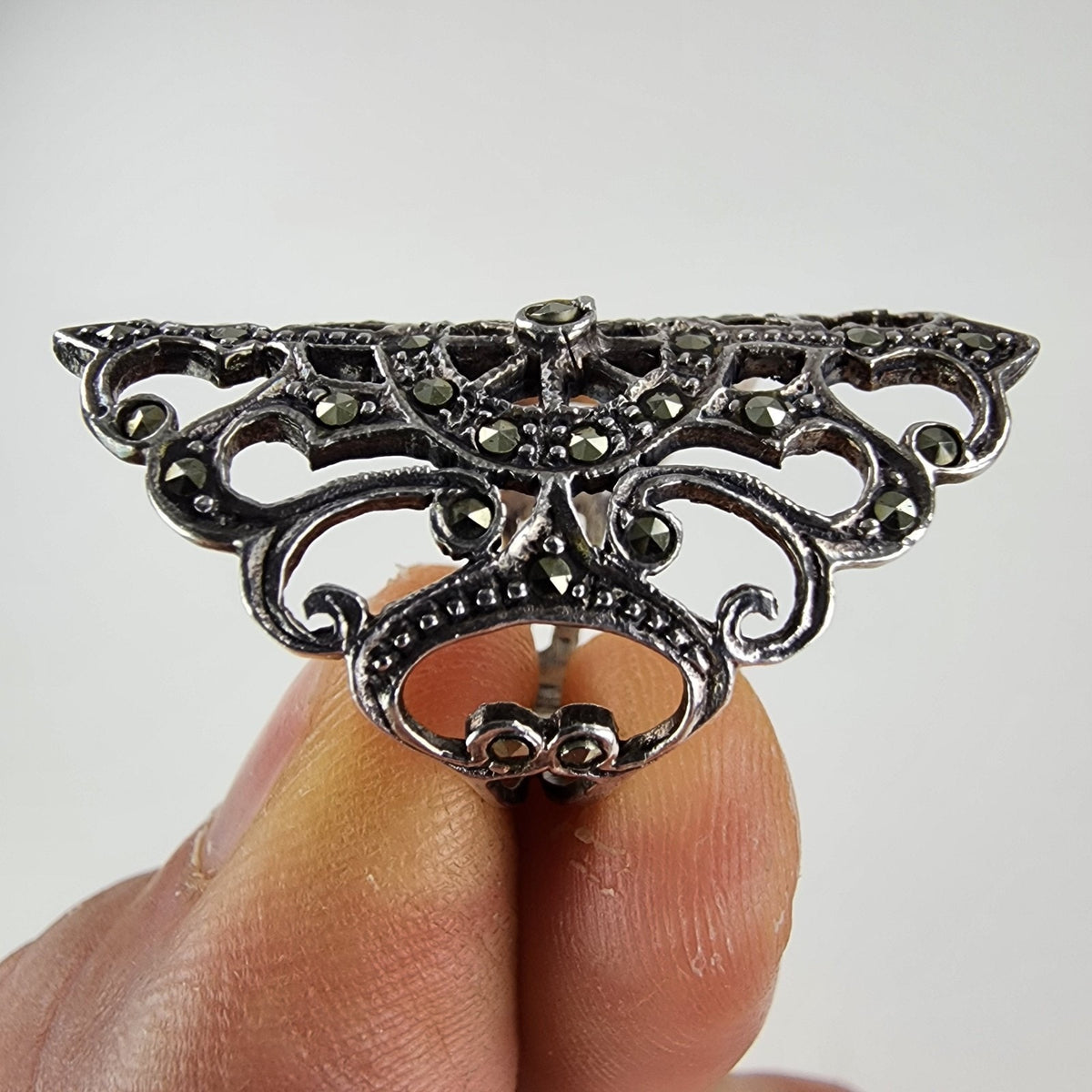 Art Deco Revival Marcasite Shield Ring Size 6 1/2 Sterling Silver 925 Vintage