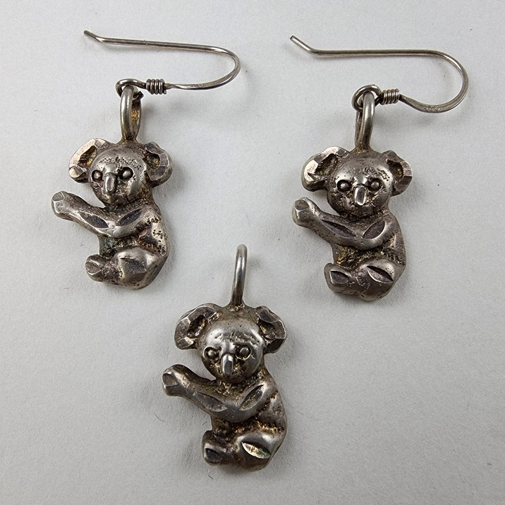 Koala Bear Earring & Pendant Set Diamond Cut Sterling Silver 925 Vintage