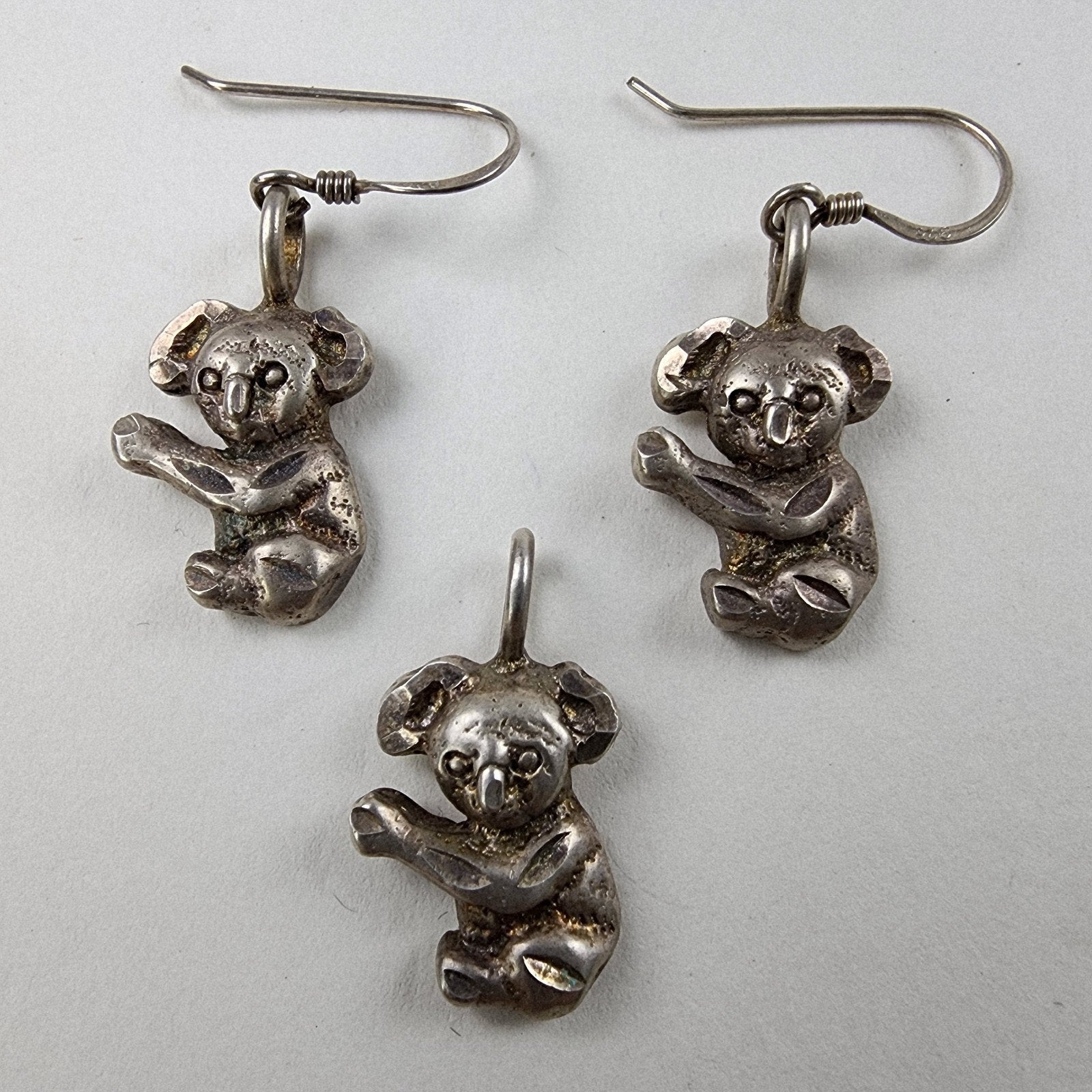 Koala Bear Earring & Pendant Set Diamond Cut Sterling Silver 925 Vintage