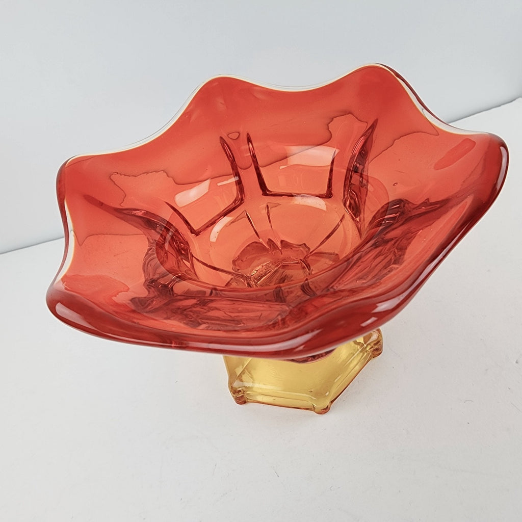 Viking Glass Epic Six Petal Amberina Flame Pedestal Bowl UV Vaseline Glass