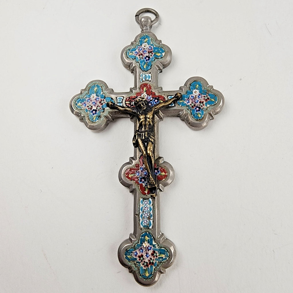 3 1/2" Antique Glass Micro Mosaic Inlay Cross Italy 19 Century