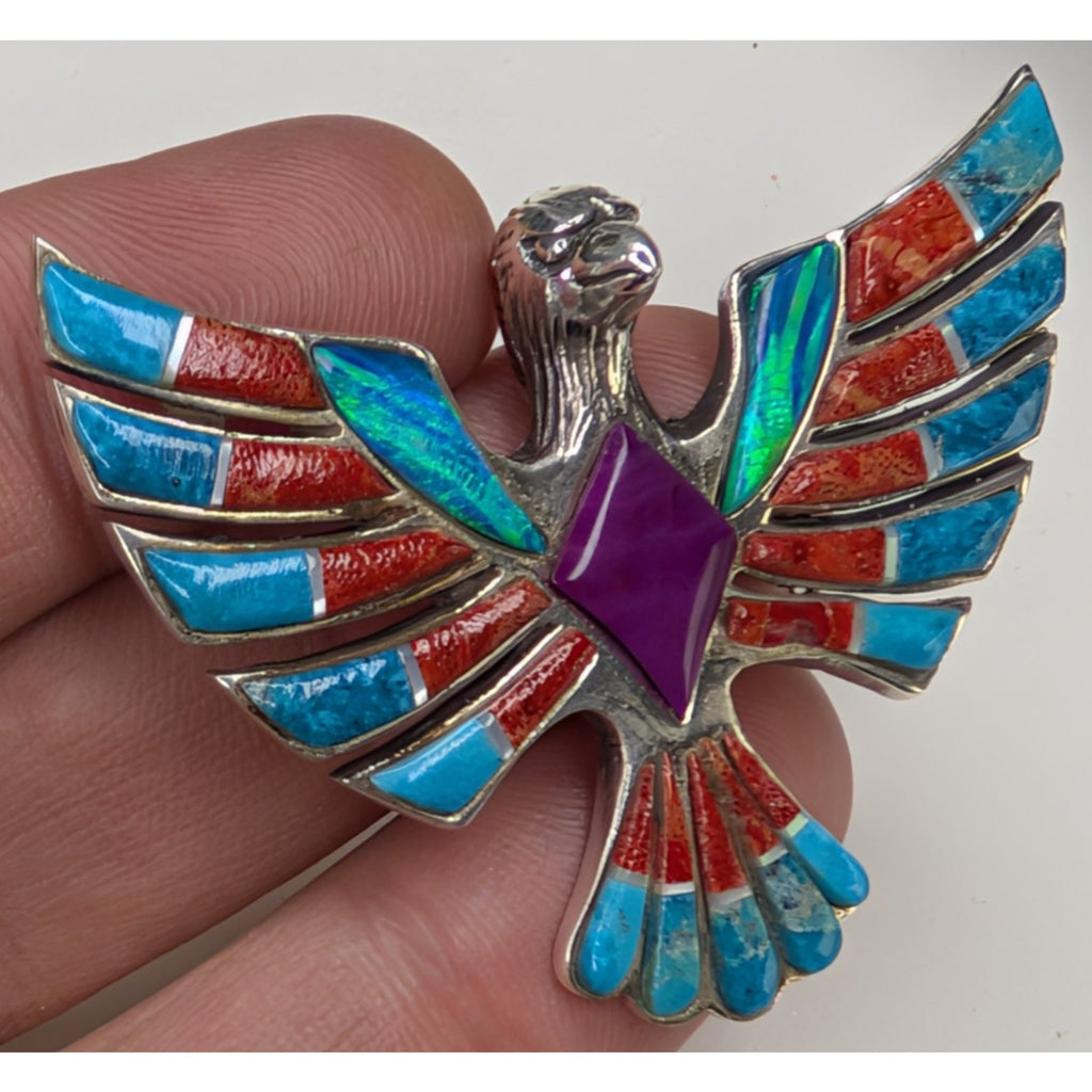Bird Pendant Sterling Silver 925 Multistone Opal Turquoise Inlay Southwestern